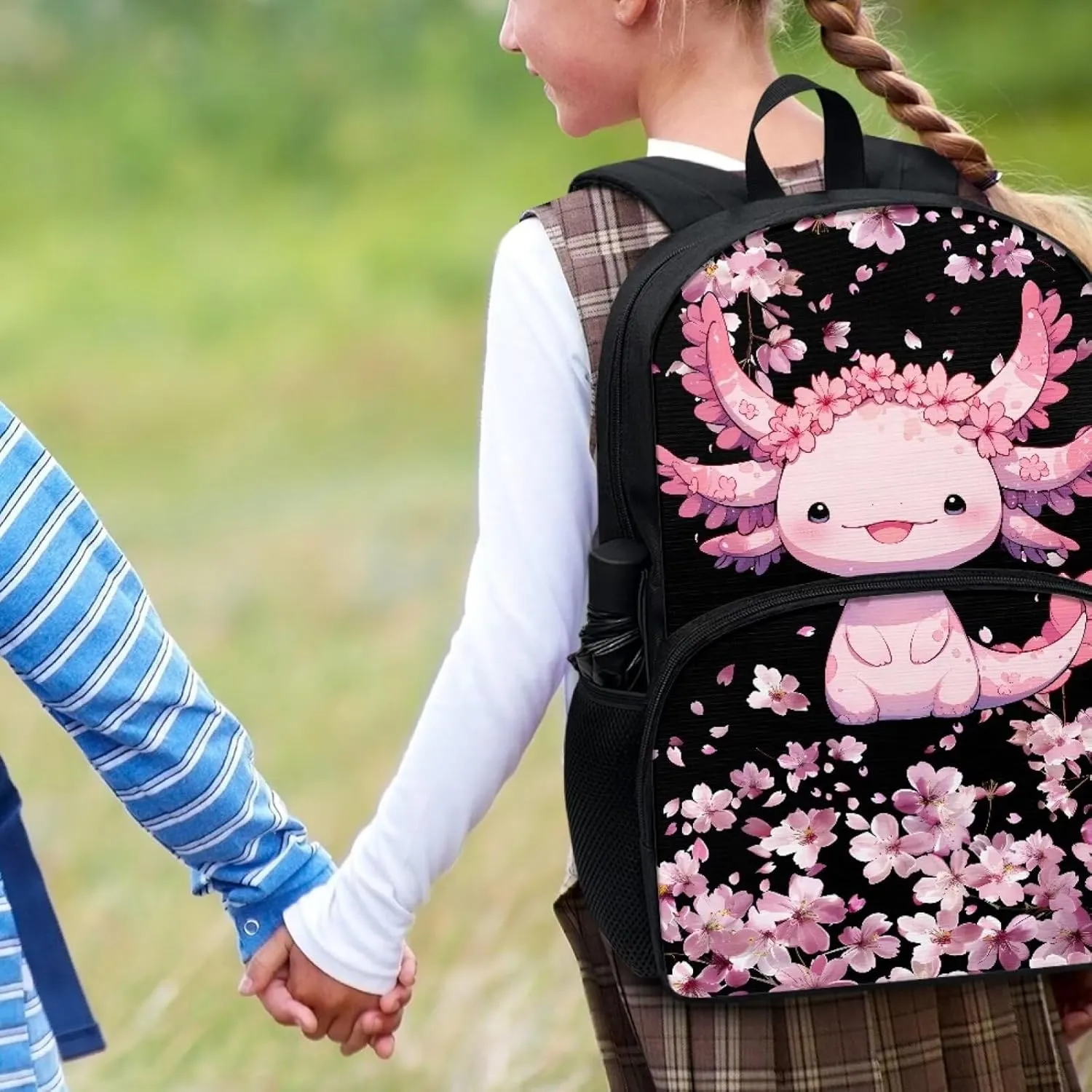 POLERO Cherry Blossom Axolotl Backpack Girls 6-8 Kids Backpacks School Bag Bookbag Schoolbag Daypack Travel Bag with Front Pocket