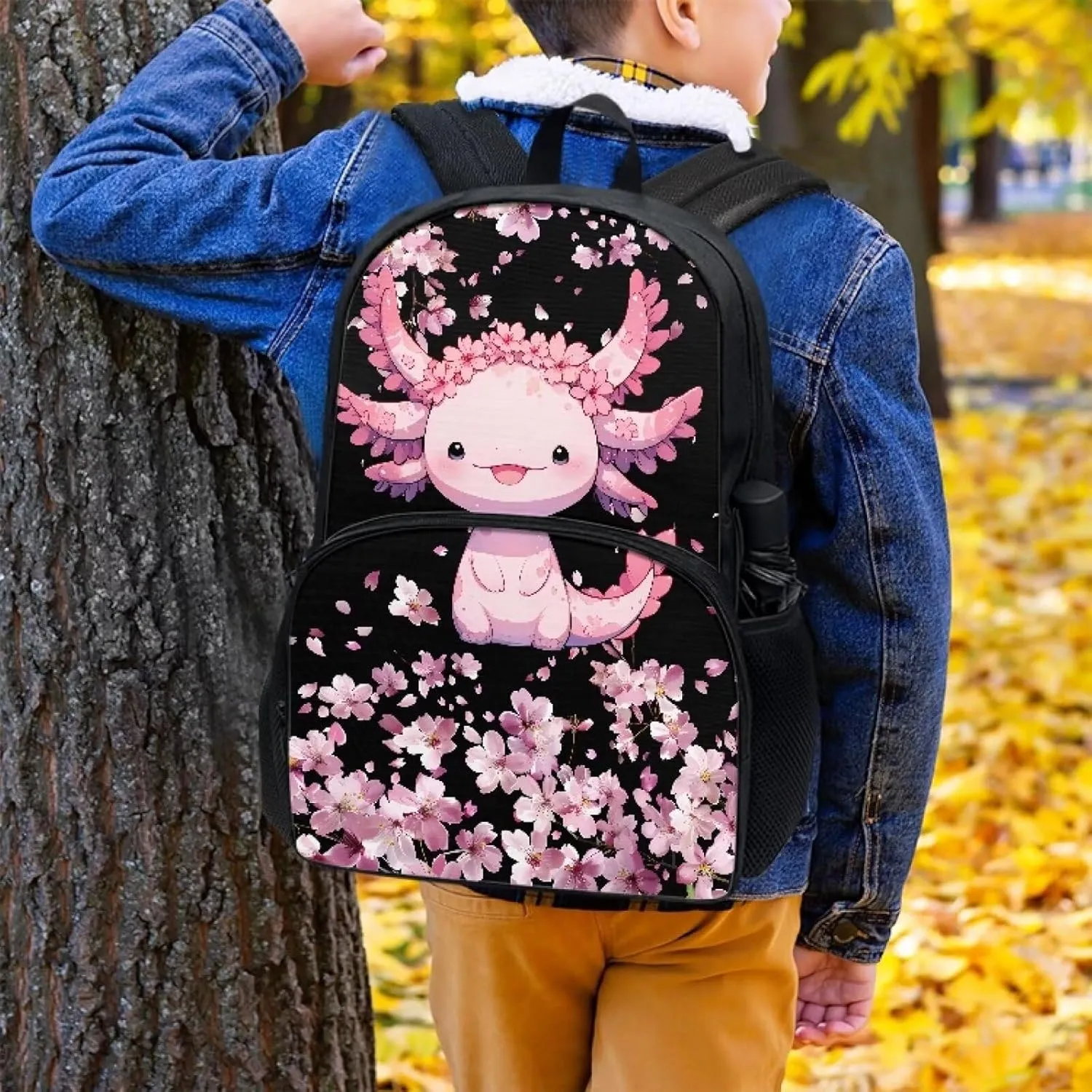 POLERO Cherry Blossom Axolotl Backpack Girls 6-8 Kids Backpacks School Bag Bookbag Schoolbag Daypack Travel Bag with Front Pocket
