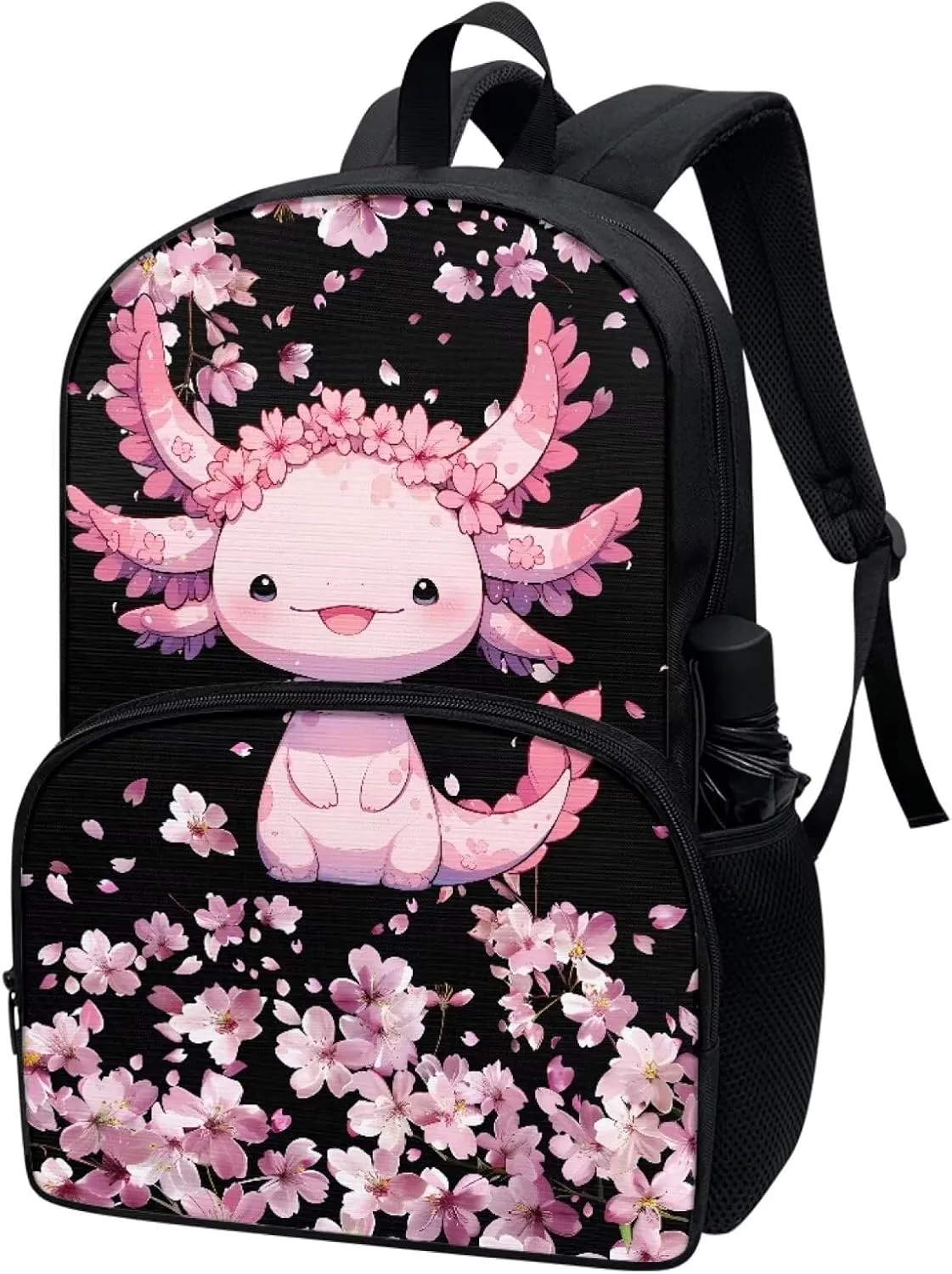POLERO Cherry Blossom Axolotl Backpack Girls 6-8 Kids Backpacks School Bag Bookbag Schoolbag Daypack Travel Bag with Front Pocket