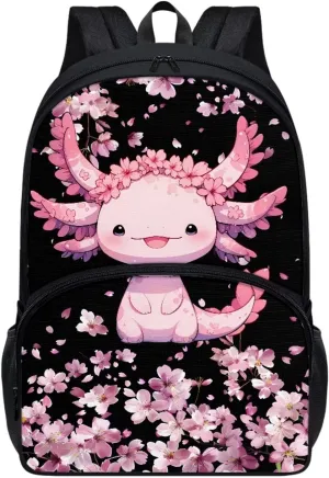 POLERO Cherry Blossom Axolotl Backpack Girls 6-8 Kids Backpacks School Bag Bookbag Schoolbag Daypack Travel Bag with Front Pocket