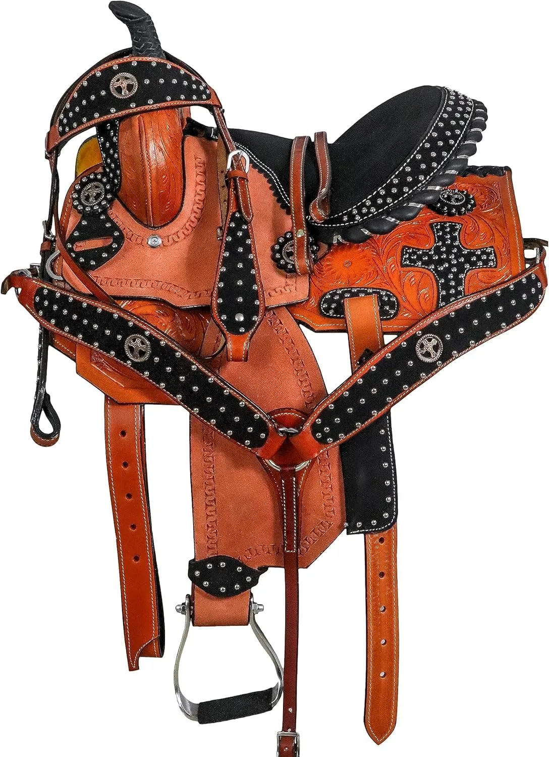 Pony & Adult Classic Quality Premium Leather Comfort Western Barrel Racing Trail Tack Equestrian Horse Saddle Size 17 inches Seat (17, Cross Word).