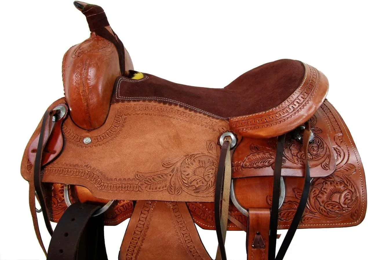 Pony and Adult Western Leather Horse Saddle Comfy Horse Seat Ranch Roping Racing Saddle Tree Trail Comfort Barrel Tack Size 10 to 18 Inch Seat