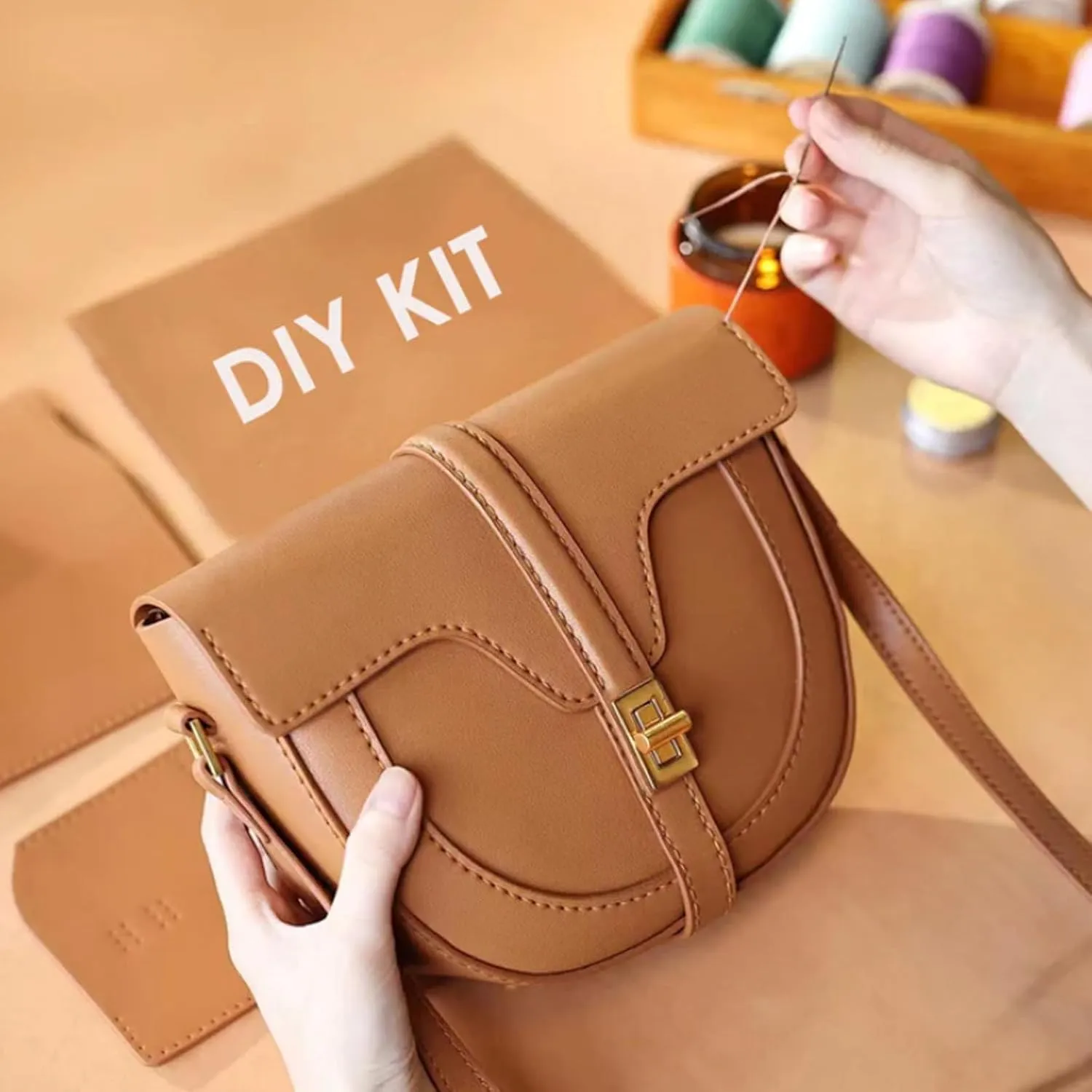POPSEWING Leather Soft 16 Saddle Bag DIY Kit, DIY Bag Kit for Girls, Shoulder Bag Leather Working Kit with Sewing Kit for Girlfriend Christmas Personalized Gift