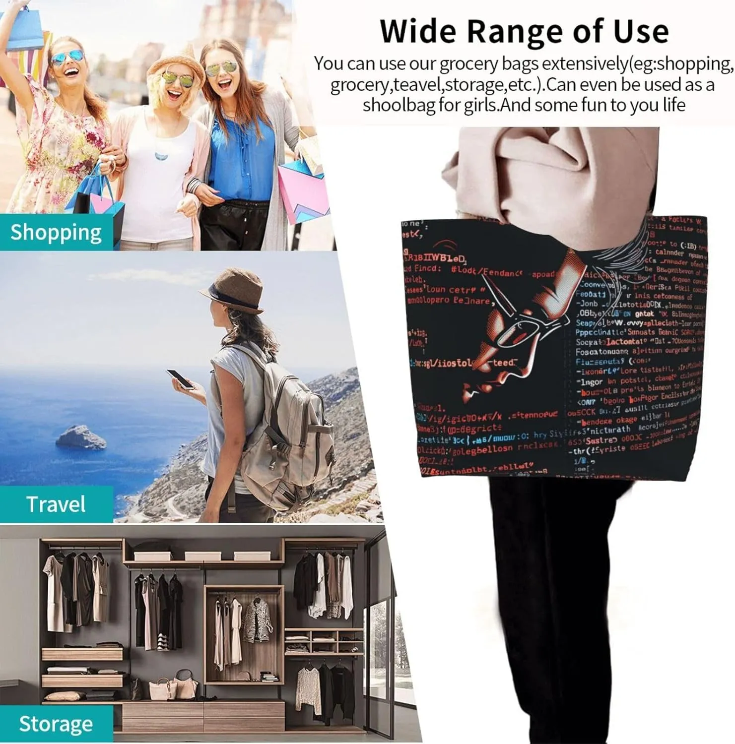Programming Code Printed Shoulder Bag for Women Casual Handbag Shopping Bag