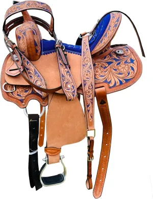 Purple Kids/Youth/Adult Western Horse Barrel Saddle Genuine Leather Floral Tooled Trail Saddle Tack Set 10" to 18" ST-219