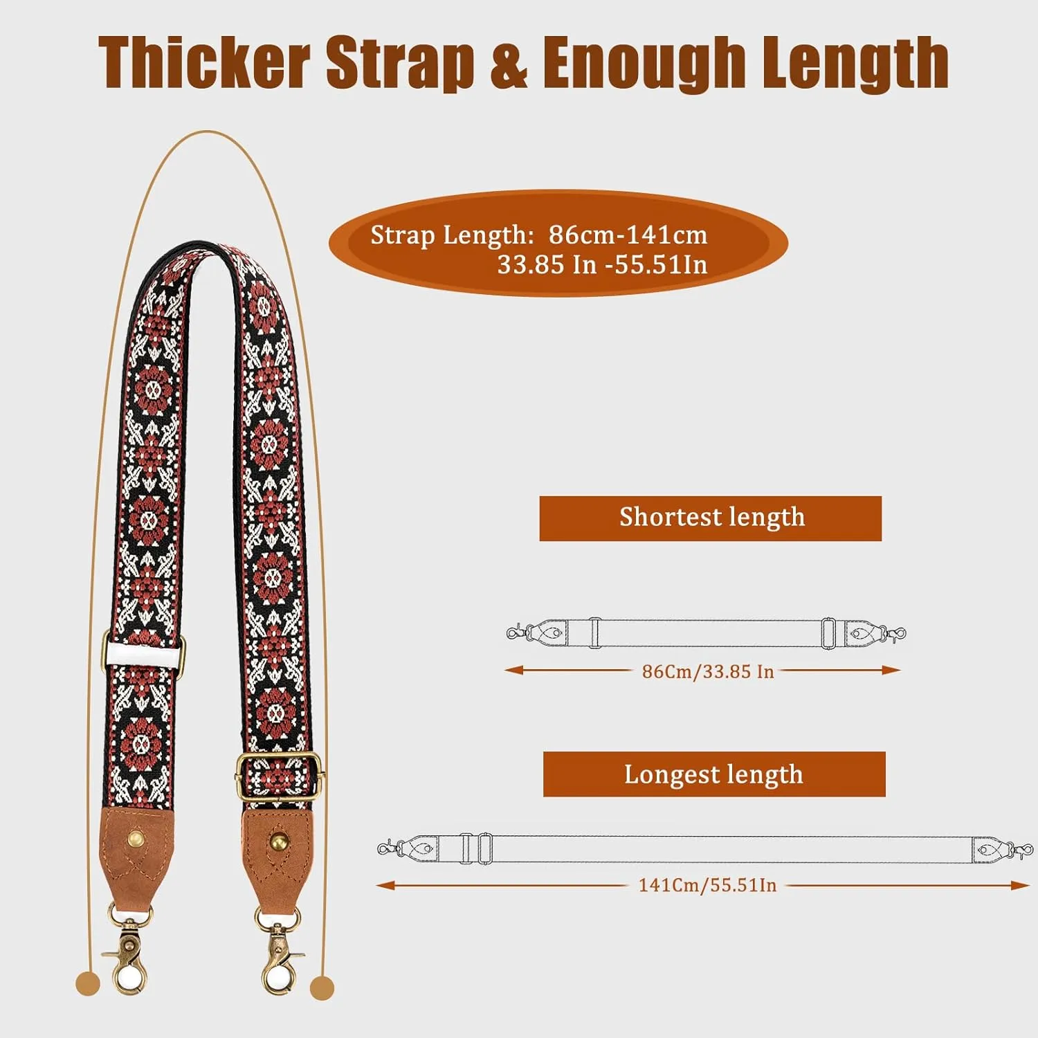 Purse Strap, 1.5" Cowhide Head Wide Shoulder Strap Adjustable Replacement,Jacquard Embroidery Crossbody Bag Straps