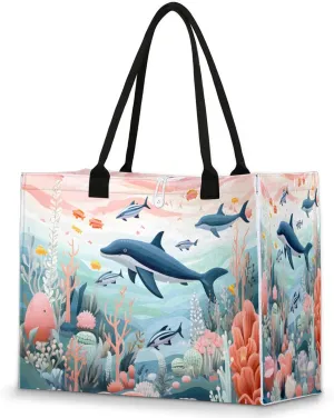 QsirBC Marine Coral Fish Aquatic Plants Large Beach Tote Bag for Women Adequate Capacity Kitchen Reusable Grocery Bag with Inner Zipper Pocket Travel Tote Handbag for Beach Pool Shopping Daily Use
