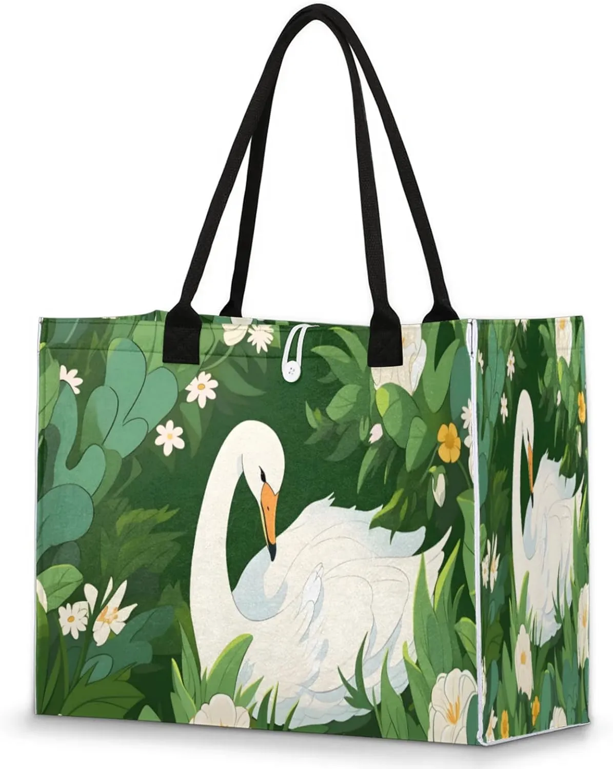 QsirBC Pond Swan Flowers Large Beach Tote Bag for Women Adequate Capacity Kitchen Reusable Grocery Bag with Inner Zipper Pocket Travel Tote Handbag for Beach Pool Shopping Daily Use