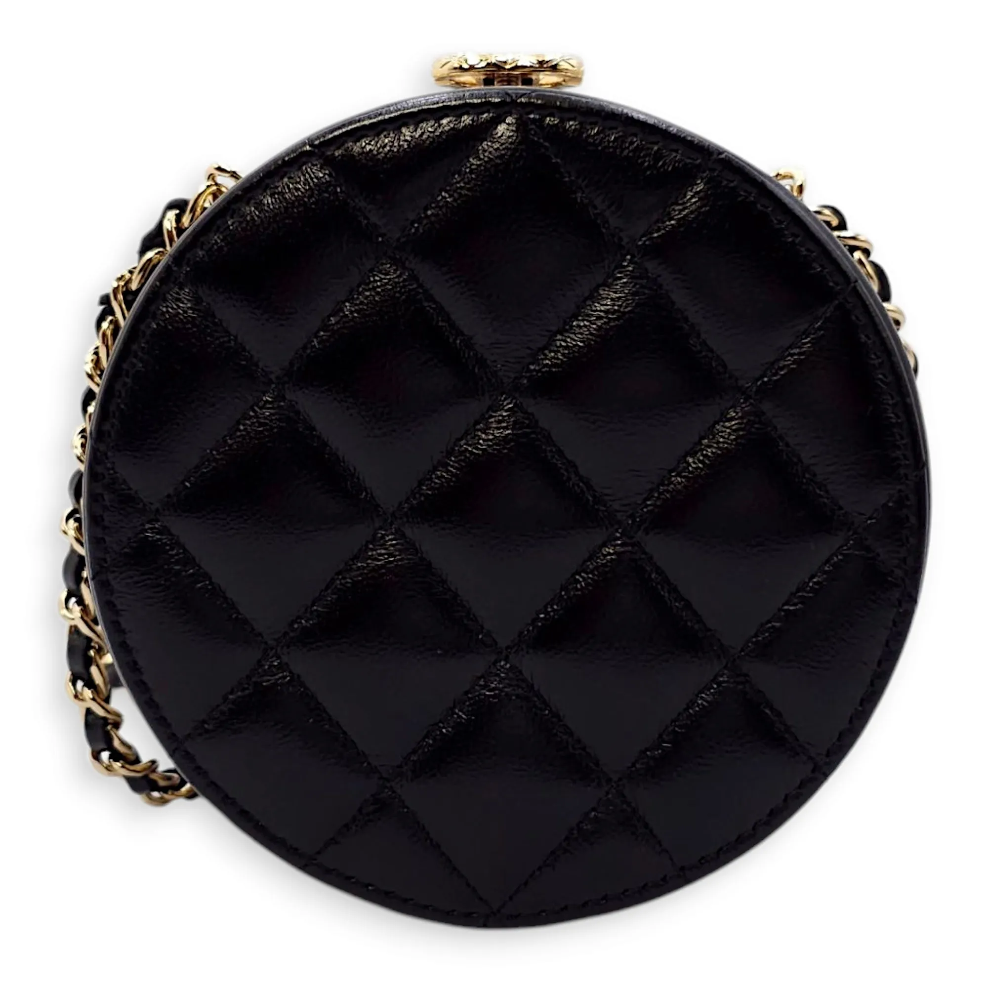 Quilted Filigree Chain Around Circle Black Crossbody Bag in Lambskin, Gold hardware