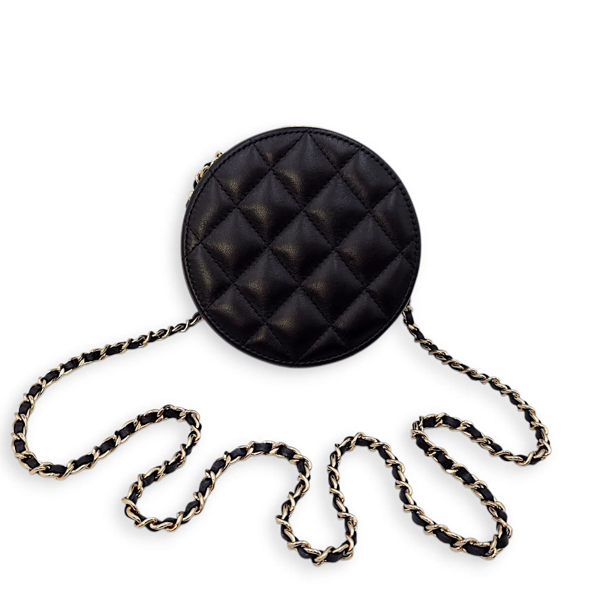 Quilted Filigree Chain Around Circle Black Crossbody Bag in Lambskin, Gold hardware
