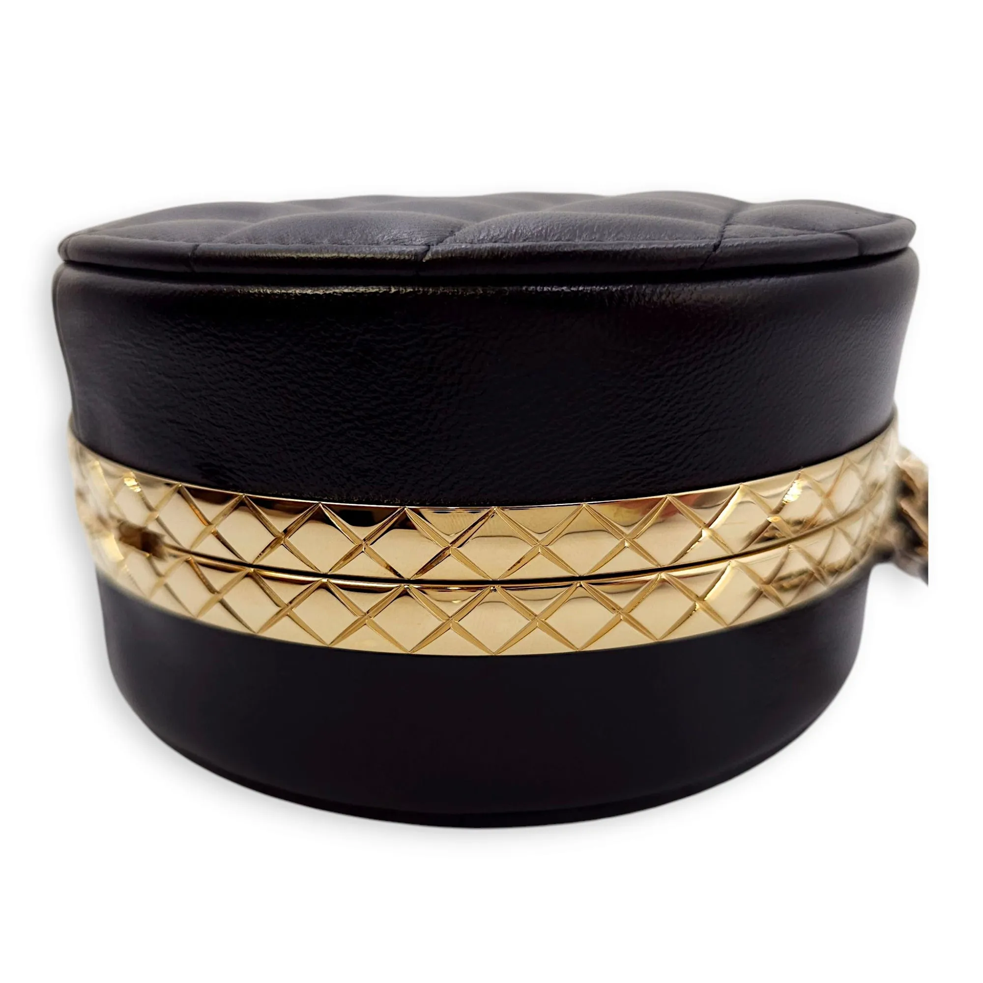 Quilted Filigree Chain Around Circle Black Crossbody Bag in Lambskin, Gold hardware