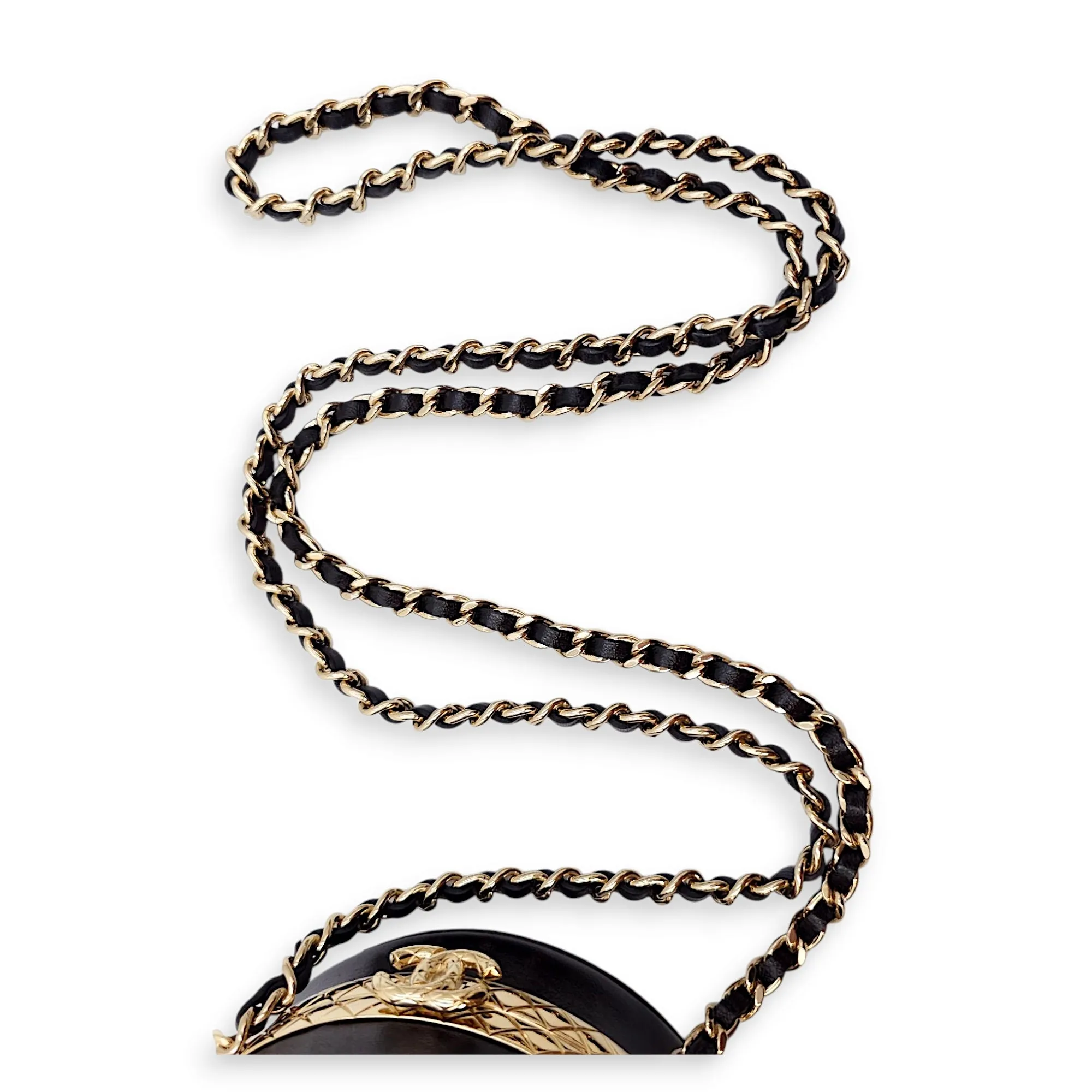 Quilted Filigree Chain Around Circle Black Crossbody Bag in Lambskin, Gold hardware