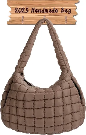 Quilted Puffy Tote Bag for Women – Large-Capacity Nylon Puffer Crossbody Bag with Zipper