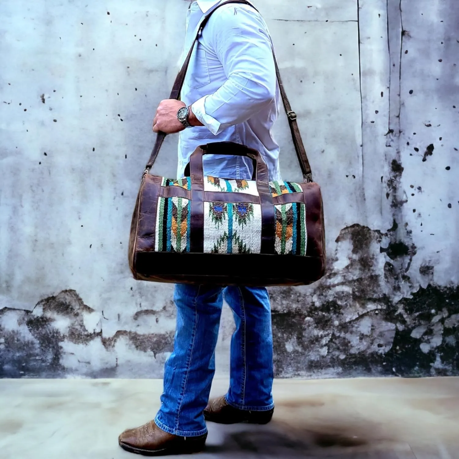 Ranch Junkie Handcrafted Anitque Dark Vintage Brown Southwestern Leather Aztec Weekender Duffel Bag (Aspen)