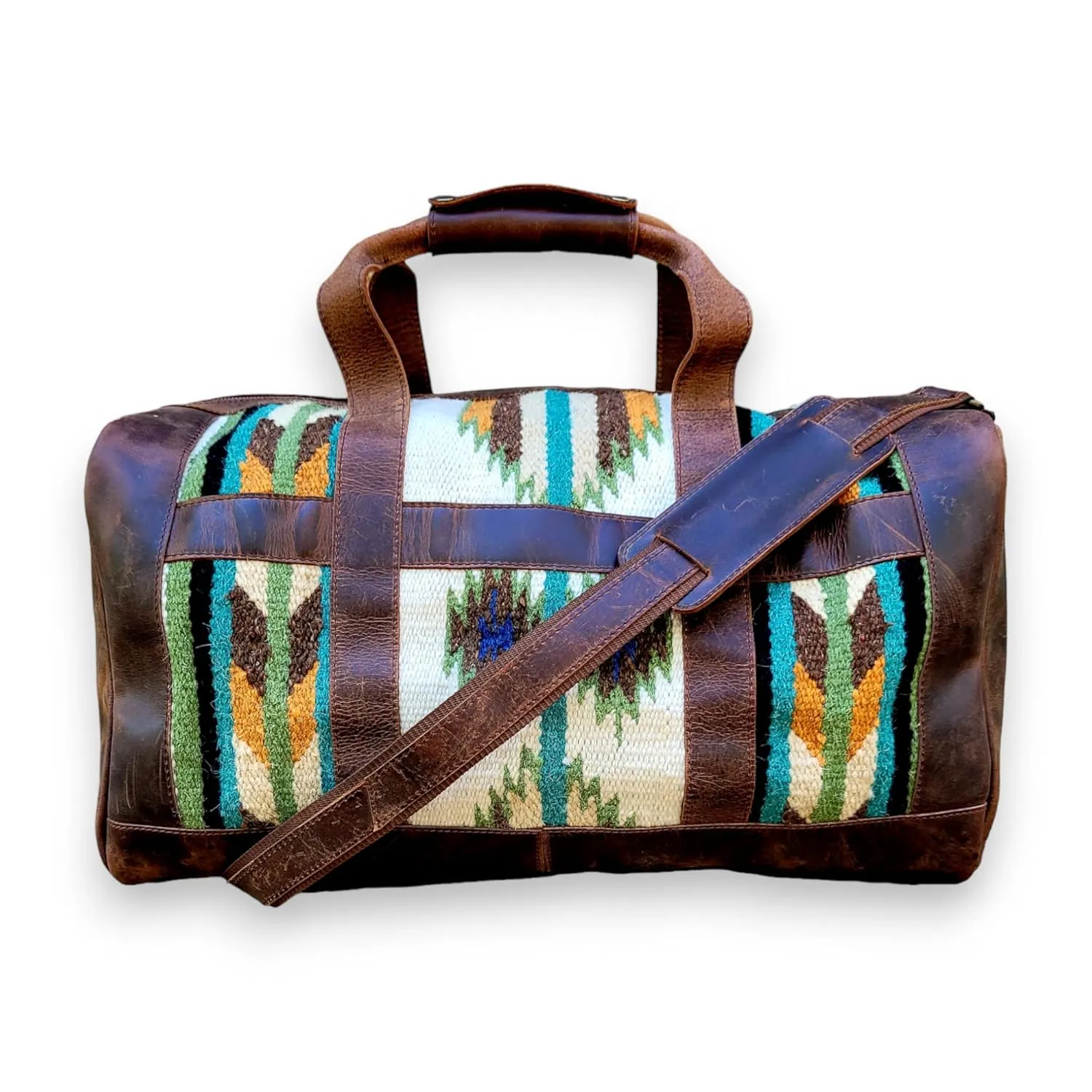 Ranch Junkie Handcrafted Anitque Dark Vintage Brown Southwestern Leather Aztec Weekender Duffel Bag (Aspen)