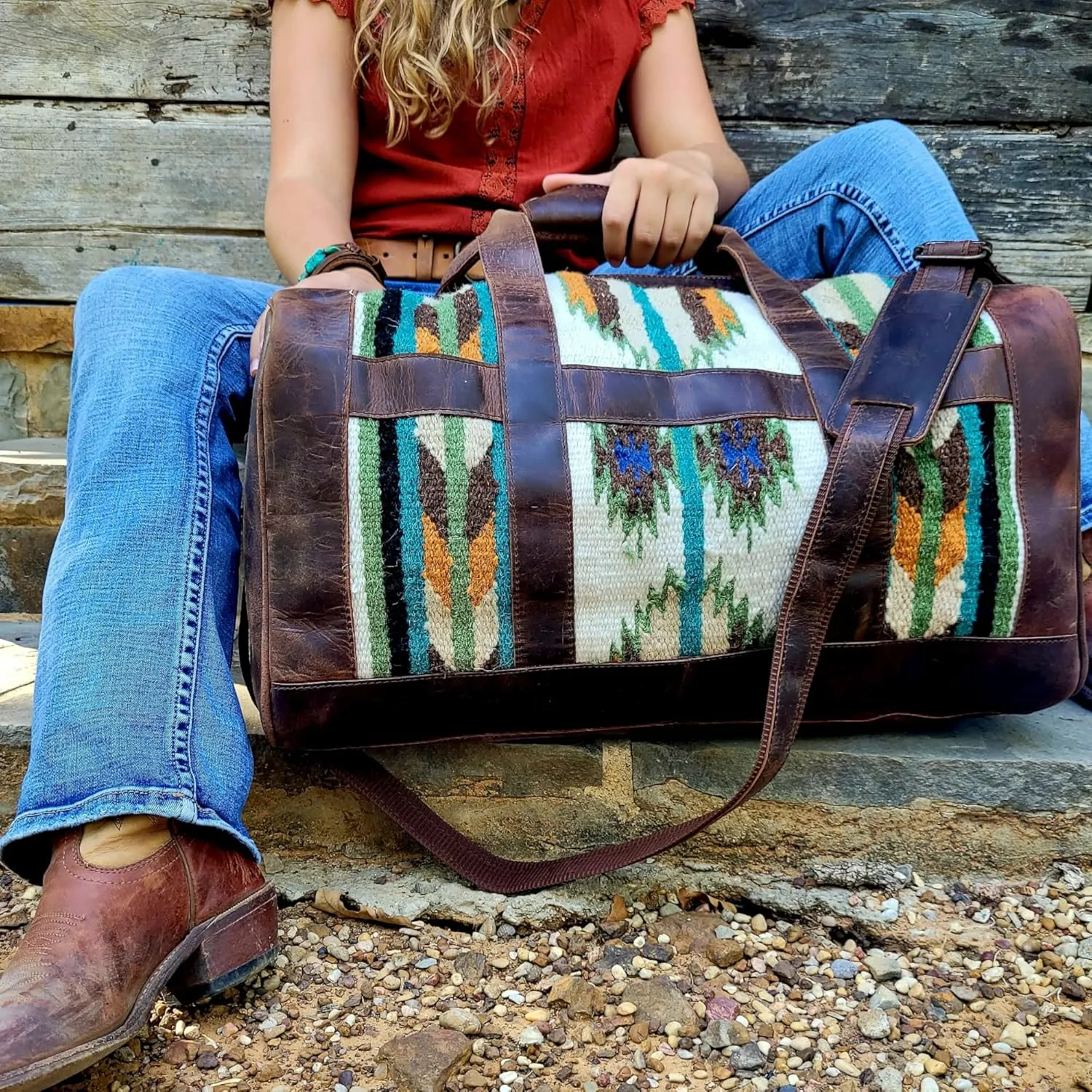 Ranch Junkie Handcrafted Anitque Dark Vintage Brown Southwestern Leather Aztec Weekender Duffel Bag (Aspen)