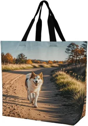 Reusable Grocery Shopping Cloth Bags Dog Walking on Dirt Road Print Shoulder Tote Bag Fashionable Tote Handbag for Work Beach Travel Shopping
