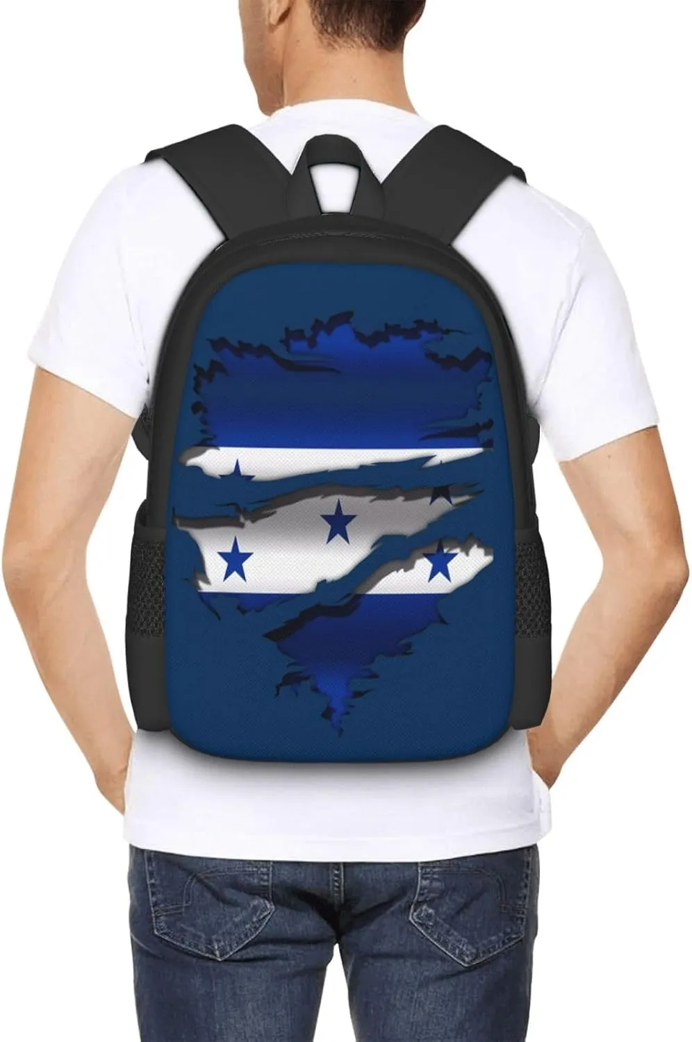 Ripped Honduras Flag Casual Backpack Large Capacity Backpacks 15 Inch Laptop Back Pack Travel Rucksack Daypack Commuter Bags with Adjustable Strap for Camping