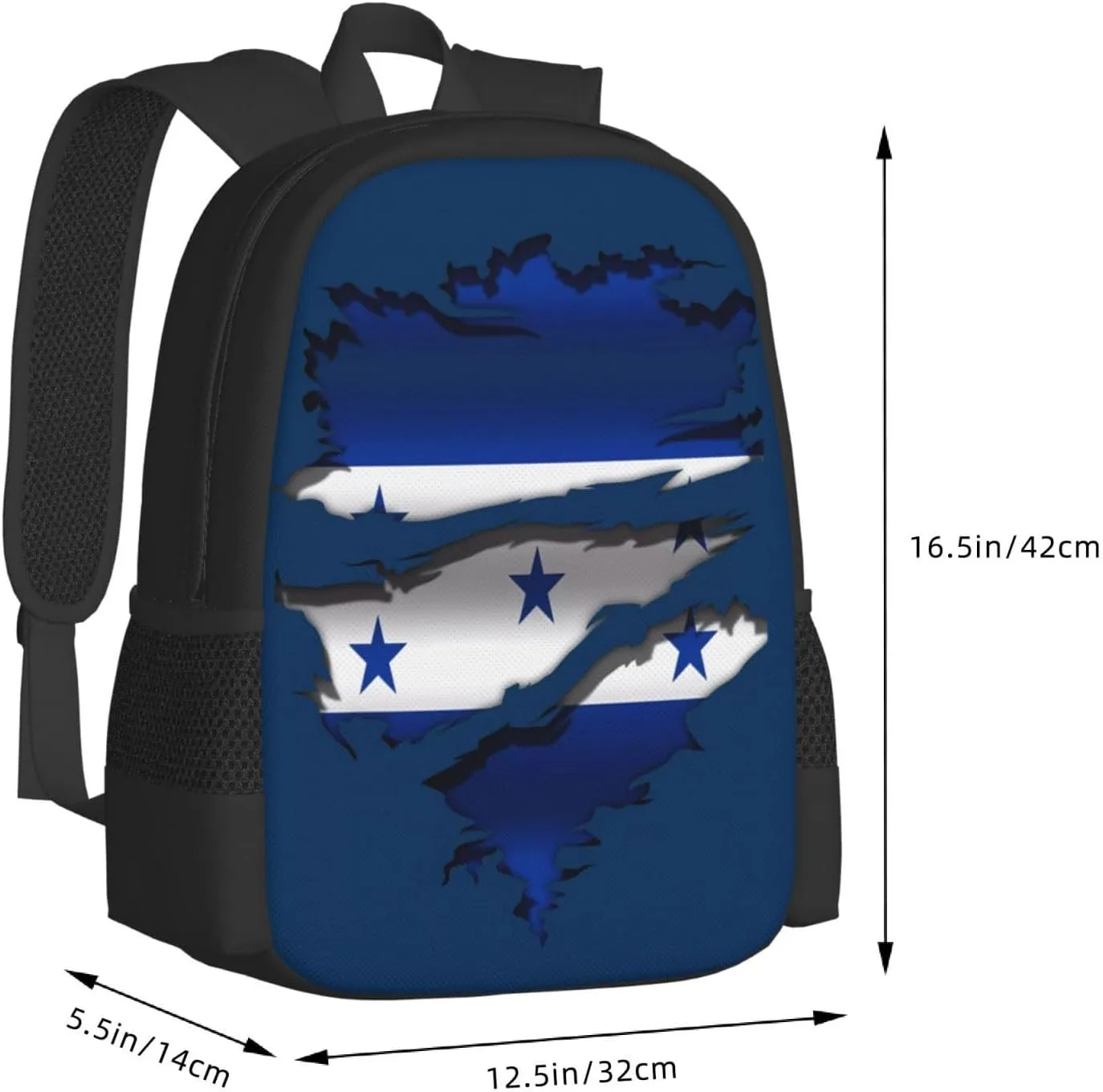 Ripped Honduras Flag Casual Backpack Large Capacity Backpacks 15 Inch Laptop Back Pack Travel Rucksack Daypack Commuter Bags with Adjustable Strap for Camping