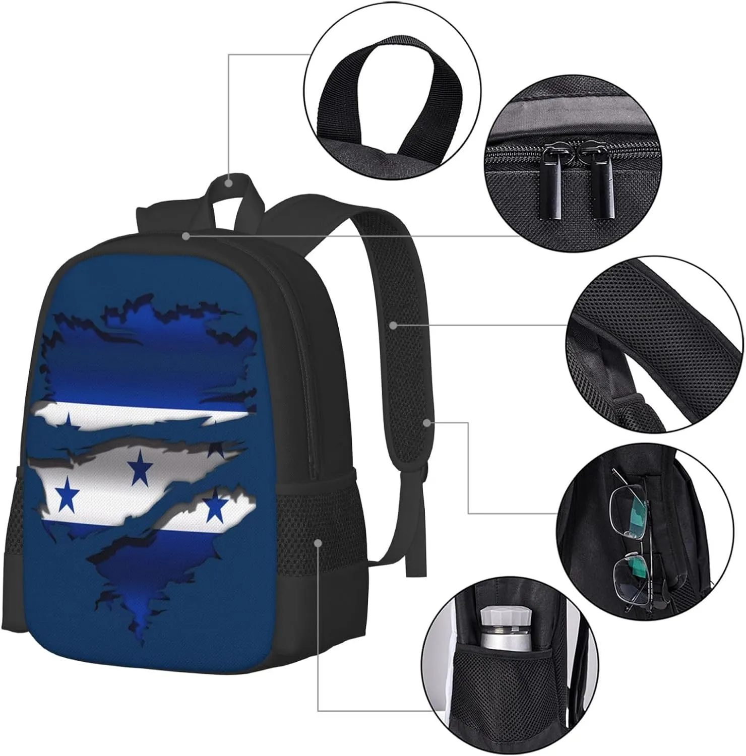 Ripped Honduras Flag Casual Backpack Large Capacity Backpacks 15 Inch Laptop Back Pack Travel Rucksack Daypack Commuter Bags with Adjustable Strap for Camping