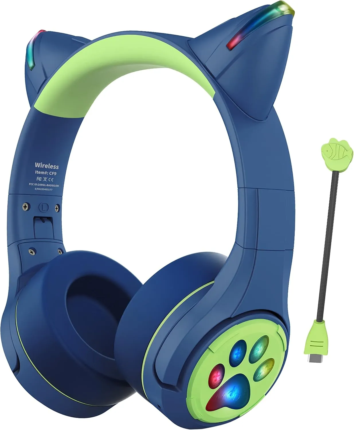 Riwbox CF9 Cat Ear Kids Bluetooth Headphones with LED Light Up,Safe 85dB Volume Limit,Built-in Mic&Boom Mic for Calls,Kids Wireless&Wired Headphones for Tablet/Airplane/School/Online Learning(Blue)