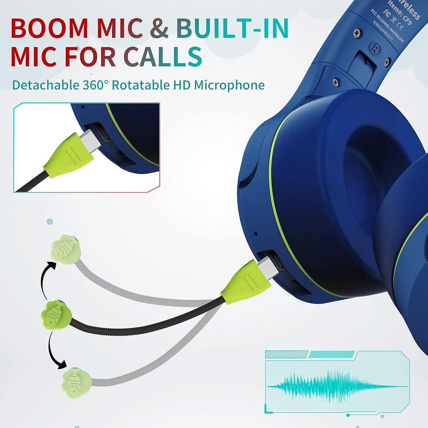 Riwbox CF9 Cat Ear Kids Bluetooth Headphones with LED Light Up,Safe 85dB Volume Limit,Built-in Mic&Boom Mic for Calls,Kids Wireless&Wired Headphones for Tablet/Airplane/School/Online Learning(Blue)