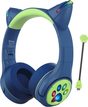 Riwbox CF9 Cat Ear Kids Bluetooth Headphones with LED Light Up,Safe 85dB Volume Limit,Built-in Mic&Boom Mic for Calls,Kids Wireless&Wired Headphones for Tablet/Airplane/School/Online Learning(Blue)