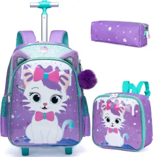 Rolling Backpack for Girls Cute Kids Rolling Backpack with Lunch Bag Kids Backpack with Wheels for School Backpacks for Elementary with Lunch Box Pencil Case Trolley Luggage