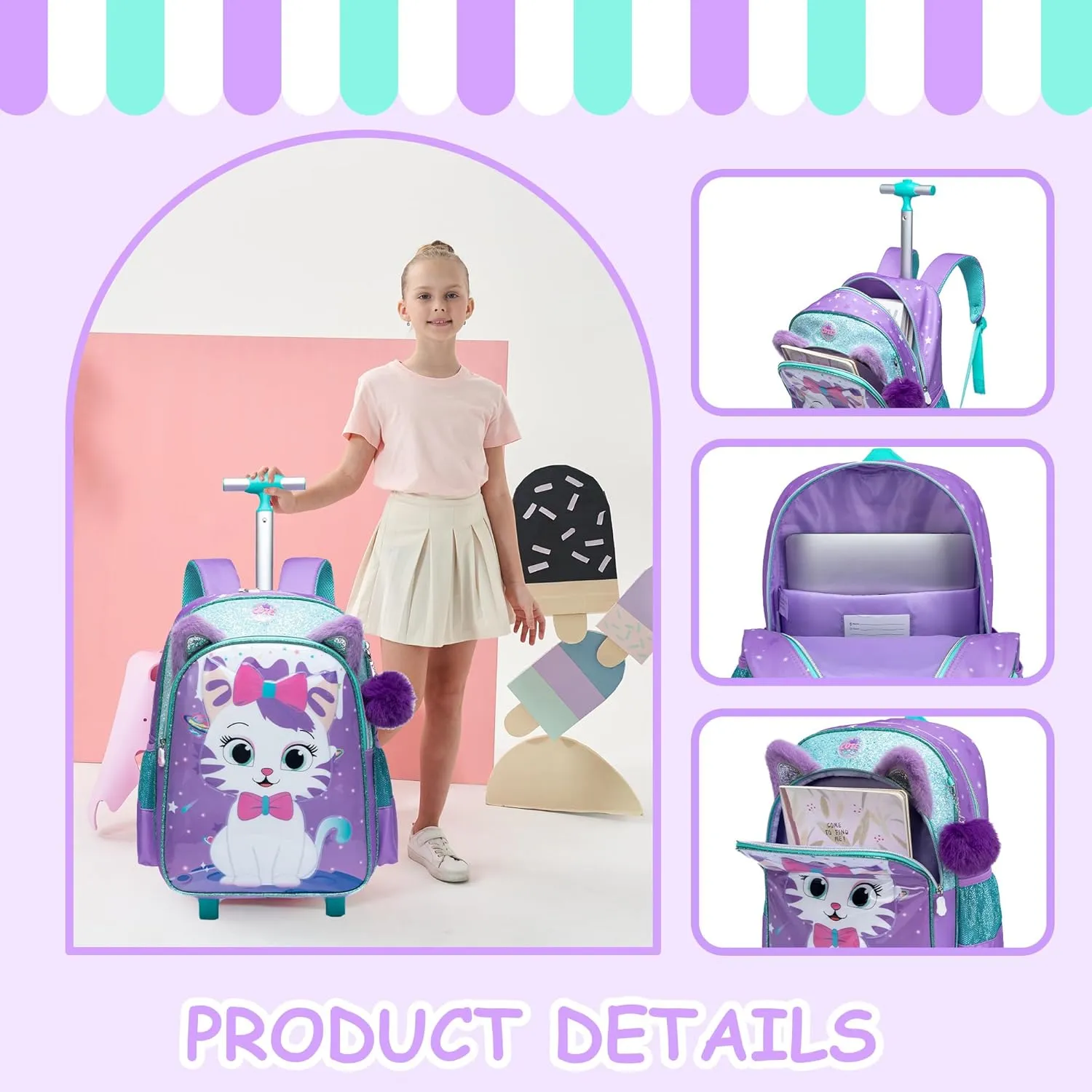 Rolling Backpack for Girls Cute Kids Rolling Backpack with Lunch Bag Kids Backpack with Wheels for School Backpacks for Elementary with Lunch Box Pencil Case Trolley Luggage