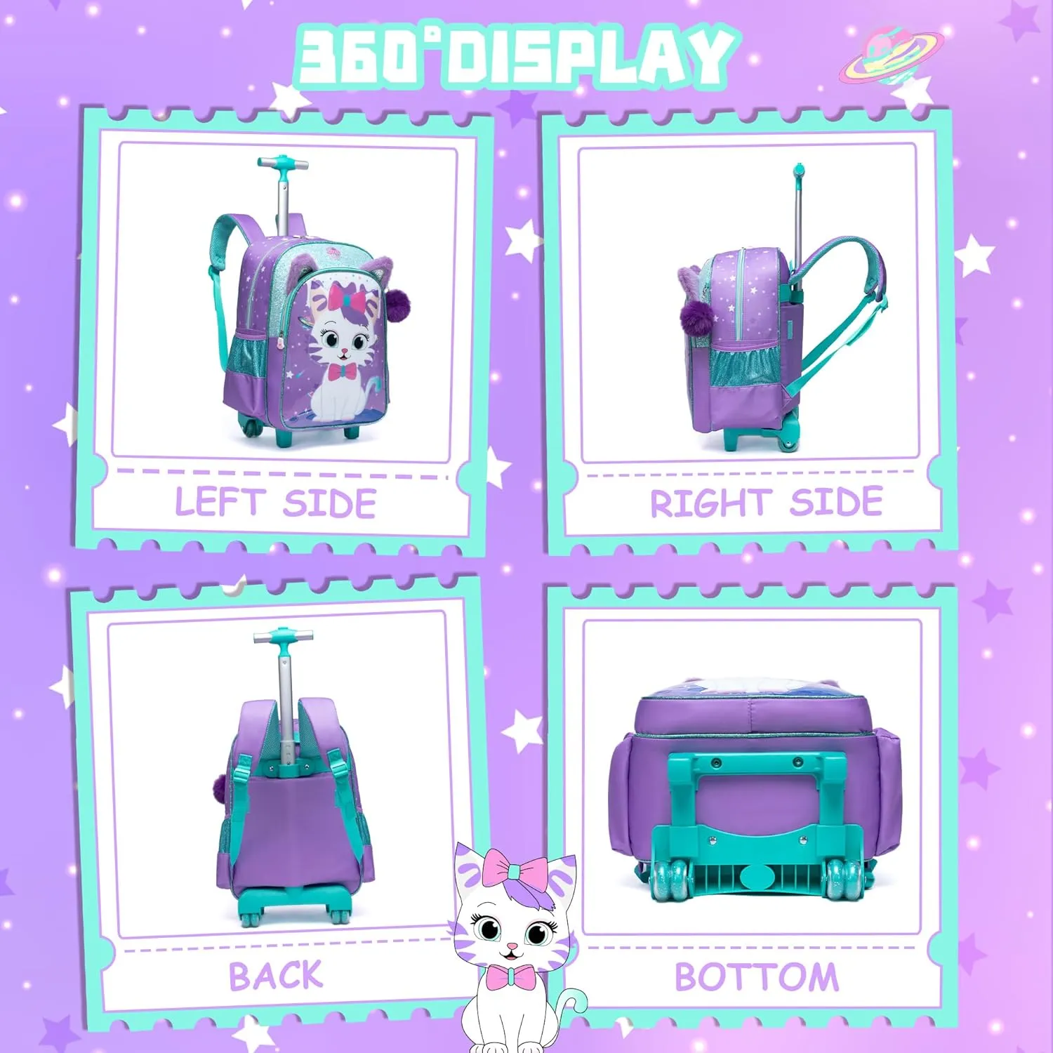 Rolling Backpack for Girls Cute Kids Rolling Backpack with Lunch Bag Kids Backpack with Wheels for School Backpacks for Elementary with Lunch Box Pencil Case Trolley Luggage