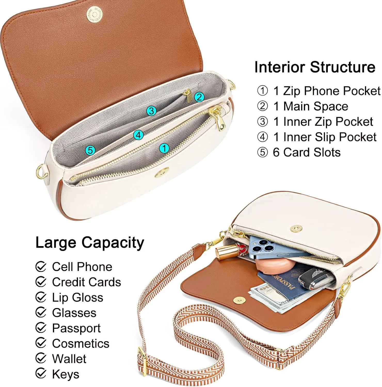 RONSIN Flap Saddle Bag for Women Crossbody Wallet Purse with RFID Card Saddle Purse Adjustable Strap Crossbody Bags