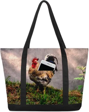 Rooster Grassland Tote Bag Tote Bag for Women Reusable Grocery Shopping Cloth Bags with Zipper Large Capacity Foldable Handbag Gym Bag for Gift Activity