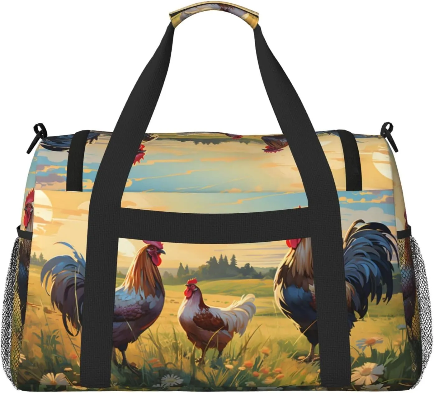 Rooster Hen Grass Duffle Bag Foldable Travel Tote Bag Carry On Large Weekender Overnight Bags Waterproof Gym Bag For Women Men