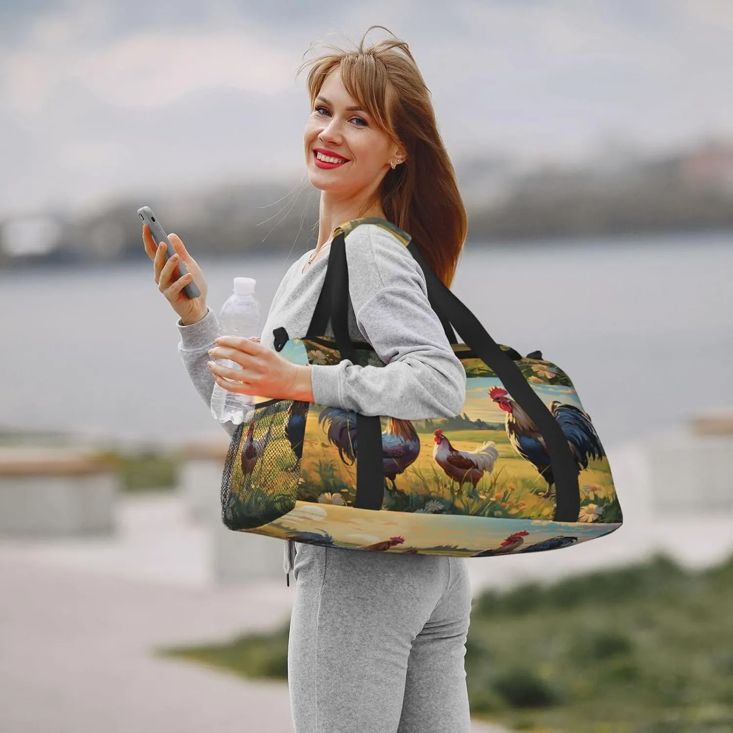 Rooster Hen Grass Duffle Bag Foldable Travel Tote Bag Carry On Large Weekender Overnight Bags Waterproof Gym Bag For Women Men