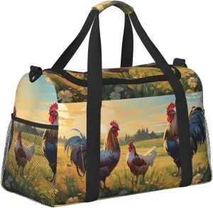 Rooster Hen Grass Duffle Bag Foldable Travel Tote Bag Carry On Large Weekender Overnight Bags Waterproof Gym Bag For Women Men
