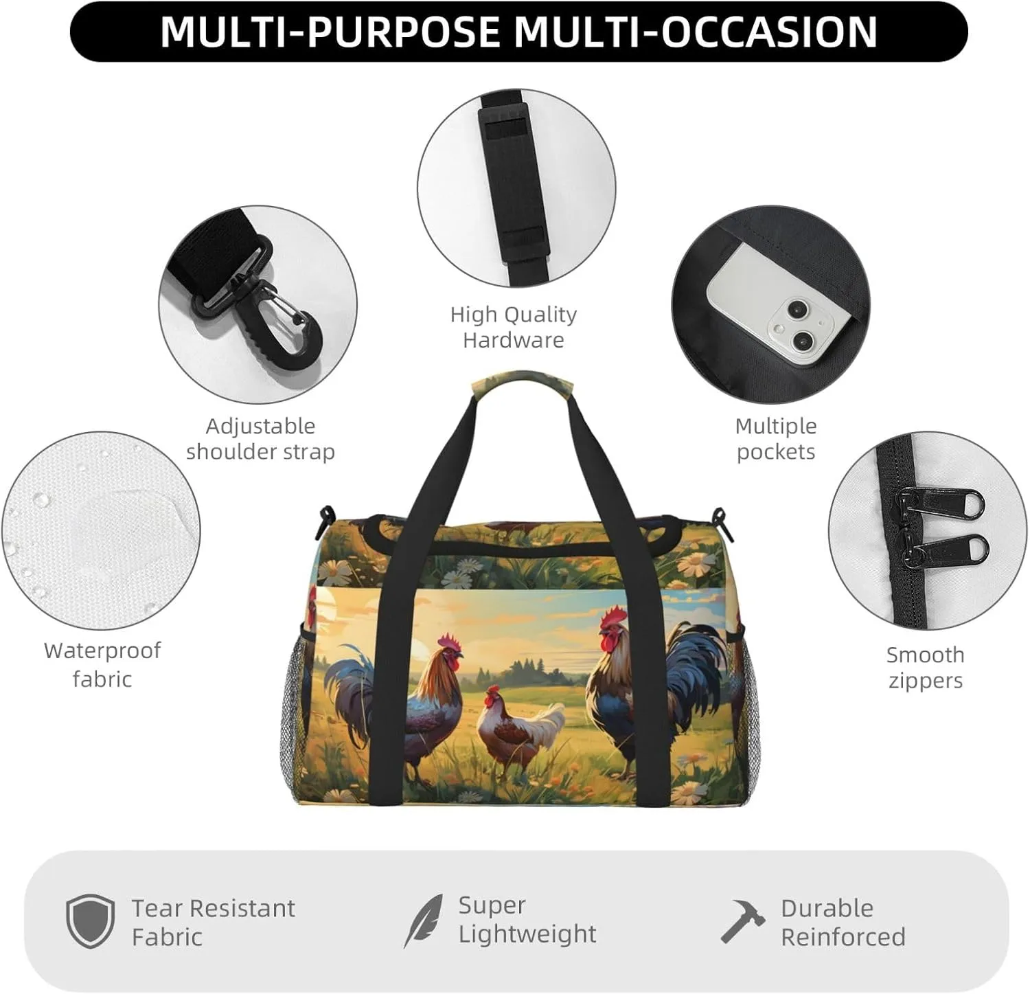 Rooster Hen Grass Duffle Bag Foldable Travel Tote Bag Carry On Large Weekender Overnight Bags Waterproof Gym Bag For Women Men