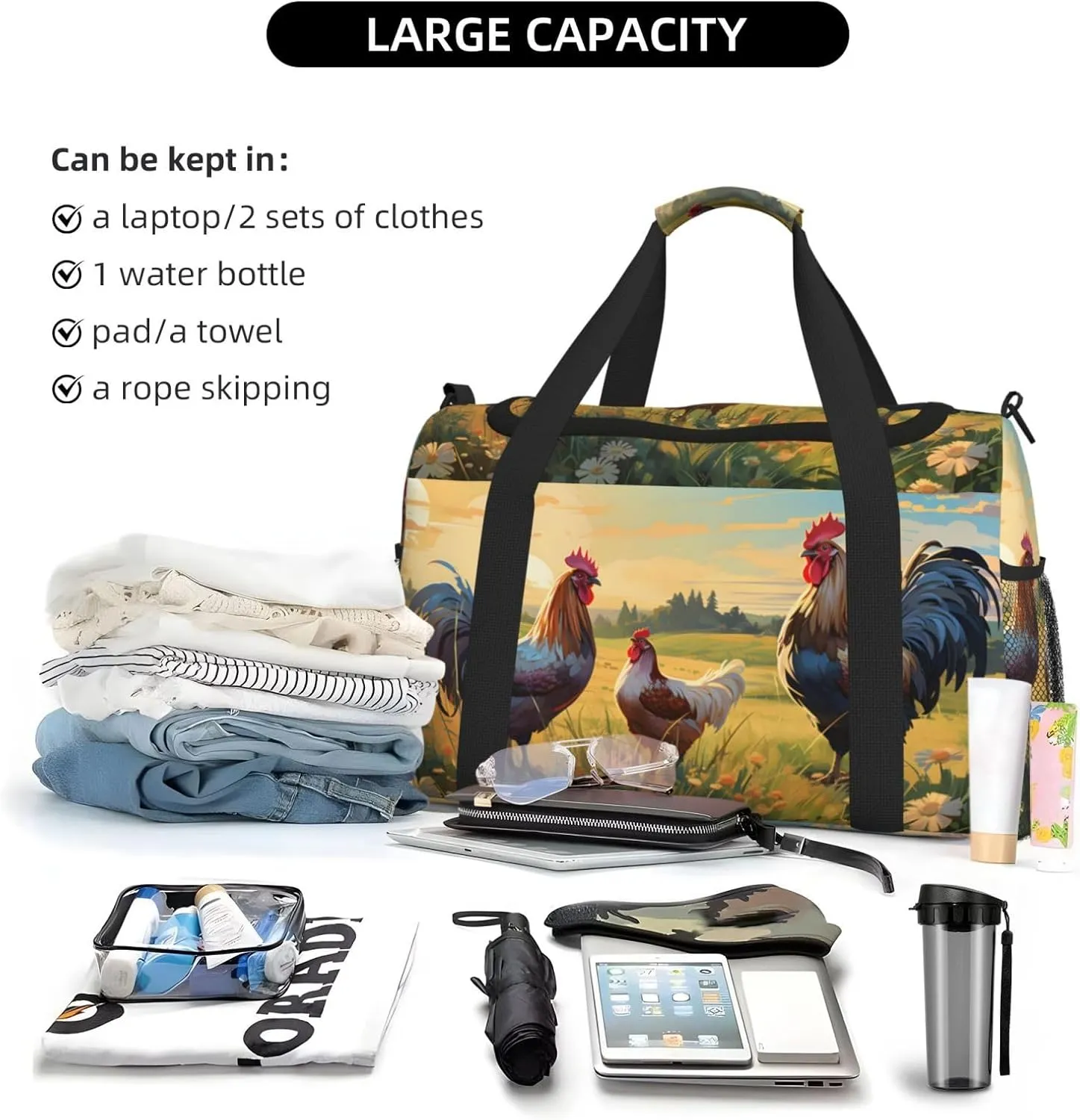 Rooster Hen Grass Duffle Bag Foldable Travel Tote Bag Carry On Large Weekender Overnight Bags Waterproof Gym Bag For Women Men