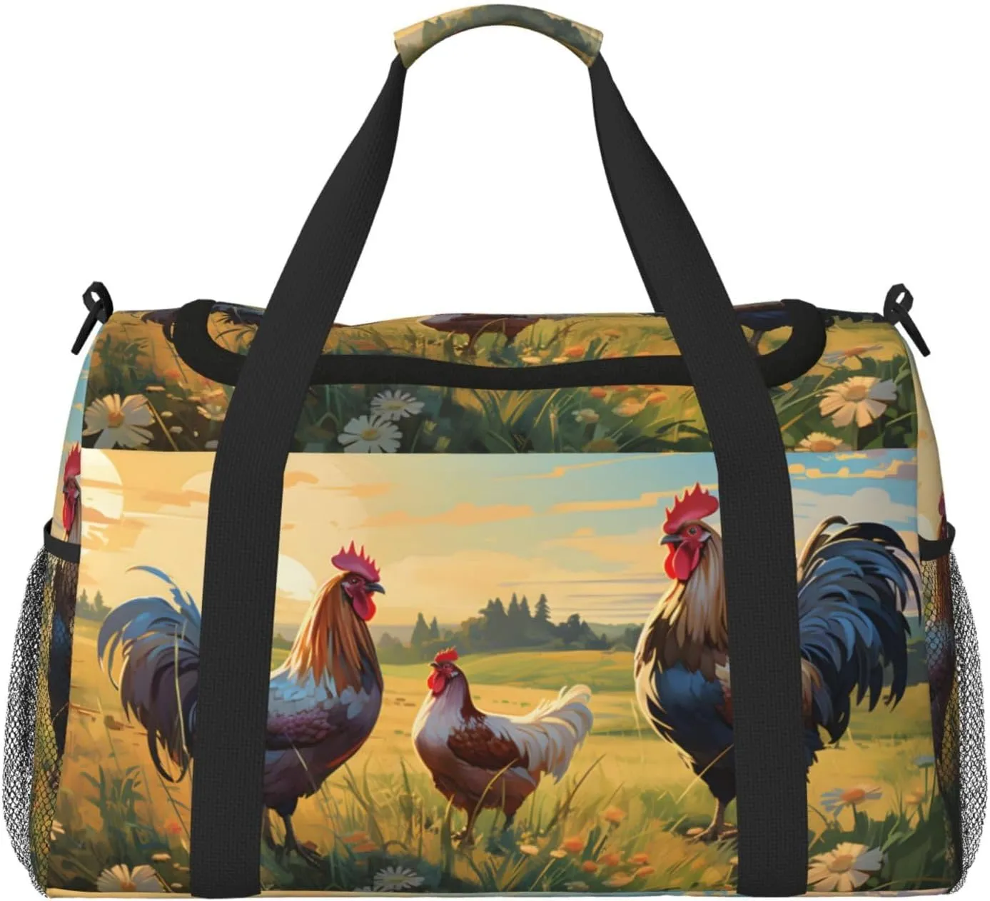 Rooster Hen Grass Duffle Bag Foldable Travel Tote Bag Carry On Large Weekender Overnight Bags Waterproof Gym Bag For Women Men