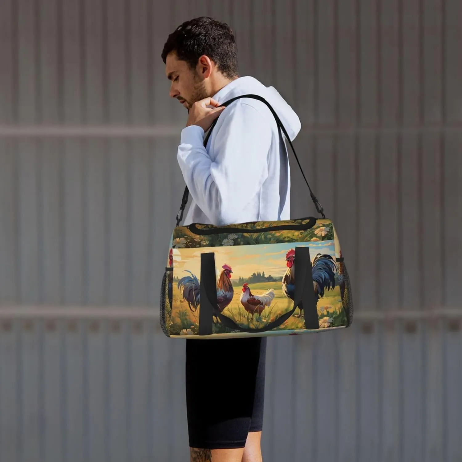 Rooster Hen Grass Duffle Bag Foldable Travel Tote Bag Carry On Large Weekender Overnight Bags Waterproof Gym Bag For Women Men