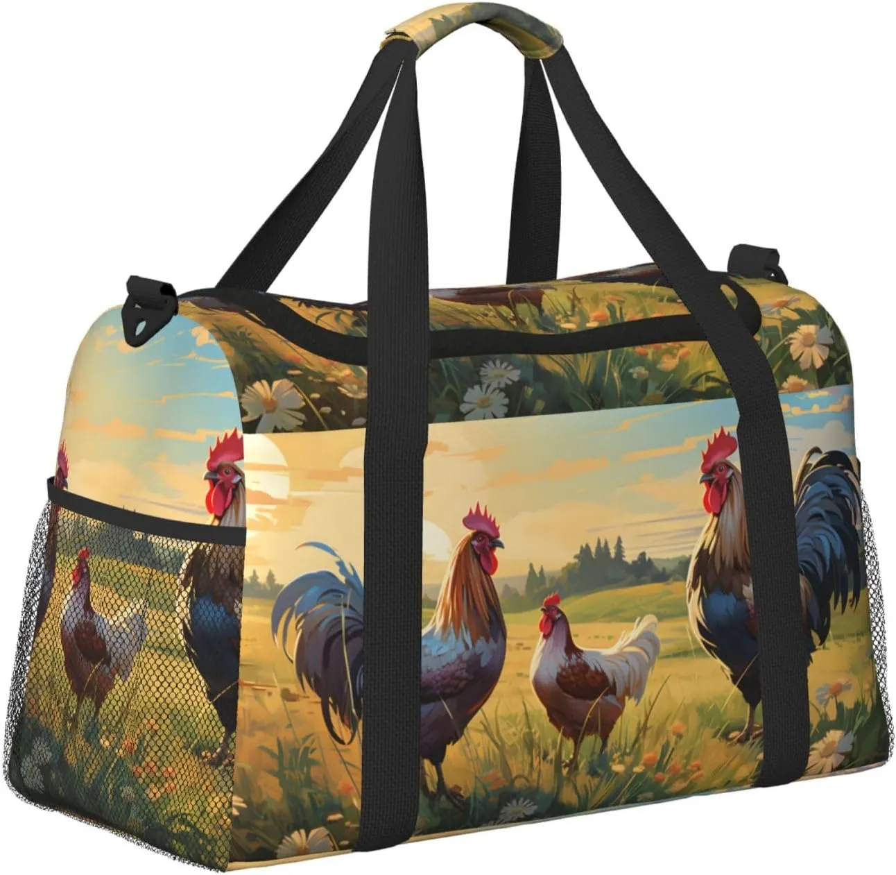 Rooster Hen Grass Duffle Bag Foldable Travel Tote Bag Carry On Large Weekender Overnight Bags Waterproof Gym Bag For Women Men
