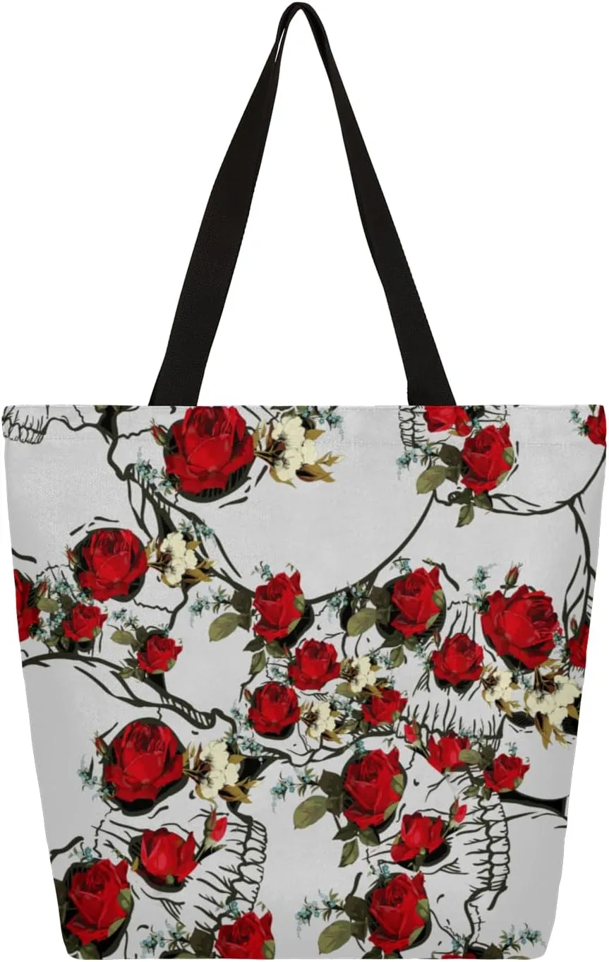 Rose Skulls Large Capacity Canvas Tote Bag Stylish Handheld Shoulder Bag Reusable Shopping Bag for Work Travel Beach Trips Shopping