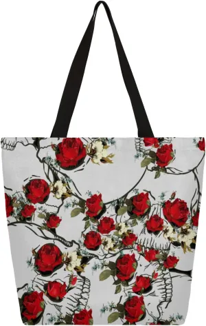 Rose Skulls Large Capacity Canvas Tote Bag Stylish Handheld Shoulder Bag Reusable Shopping Bag for Work Travel Beach Trips Shopping