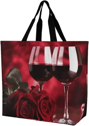 Roses And Glasses of Red Wine Tote Bag for Women Reusable Eco-friendly Shopping Bags Large Capacity Shoulder Bag