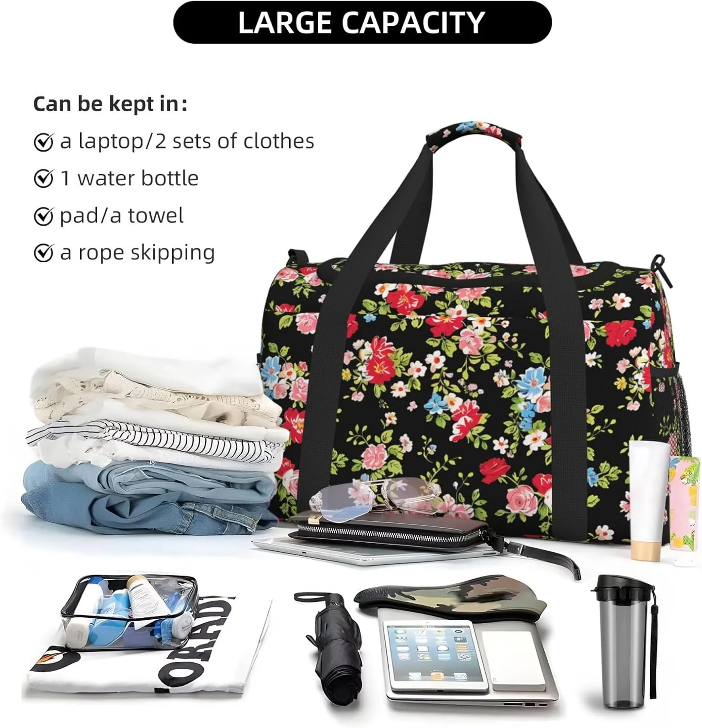 Roses Wildflowers Duffle Bag Foldable Travel Tote Bag Carry On Large Weekender Overnight Bags Waterproof Gym Bag For Women Men