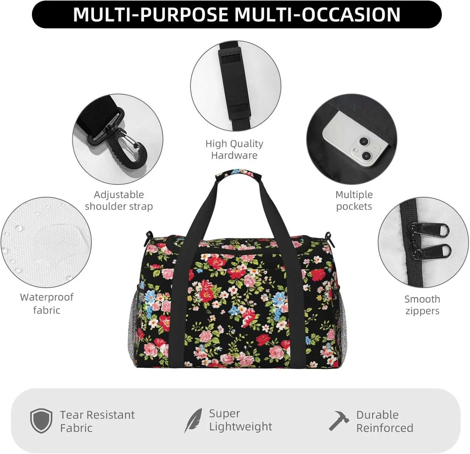 Roses Wildflowers Duffle Bag Foldable Travel Tote Bag Carry On Large Weekender Overnight Bags Waterproof Gym Bag For Women Men