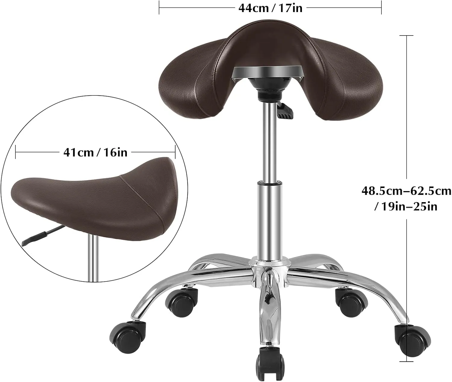 Saddle Stool with Wheels 300 lbs Weight Capacity, Heavy Duty Rolling Stool for Medical Massage Salon Kitchen Spa Drafting Nail-Tech,Height Adjustable,360 Swivel,Wide Thick Seat Padding (Brown)
