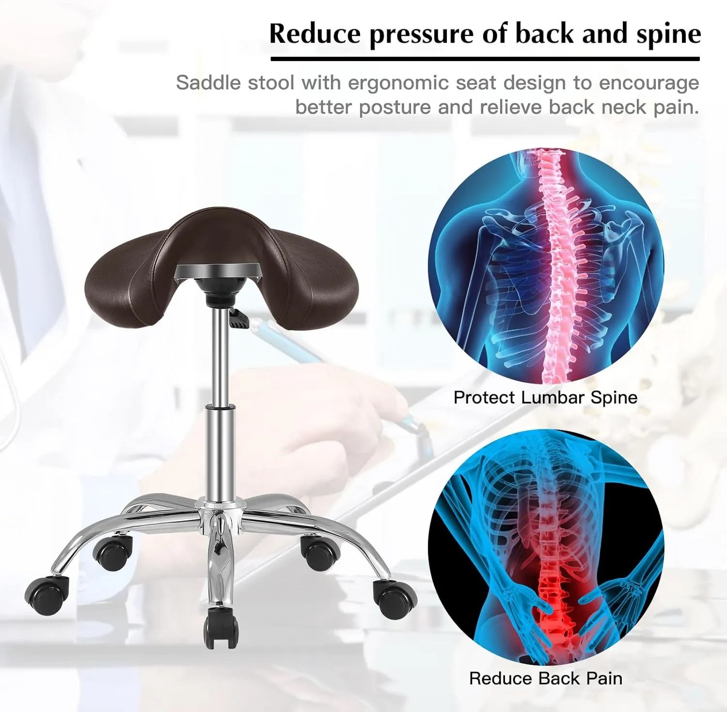 Saddle Stool with Wheels 300 lbs Weight Capacity, Heavy Duty Rolling Stool for Medical Massage Salon Kitchen Spa Drafting Nail-Tech,Height Adjustable,360 Swivel,Wide Thick Seat Padding (Brown)
