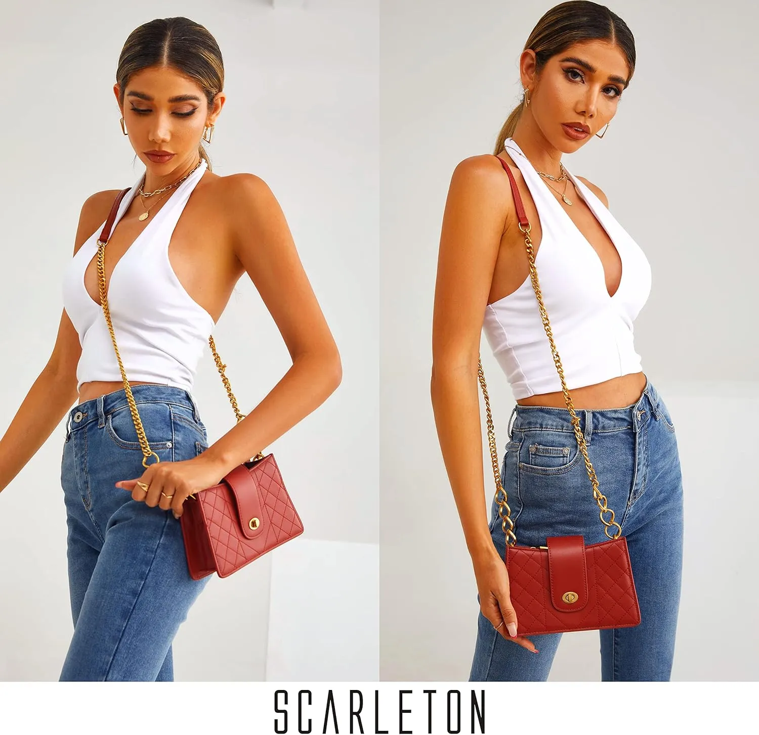 Scarleton Crossbody Bags for Women, Quilted Shoulder Bag Purse, Gold Chain Crossbody Bag Purses for Women, H2117