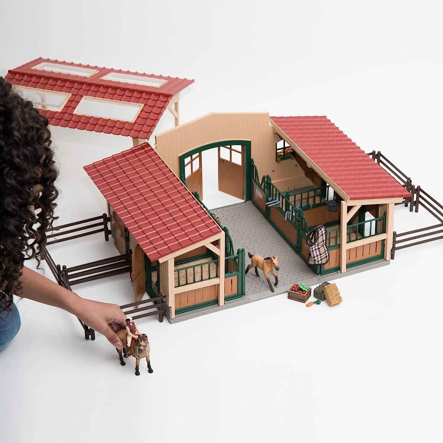 Schleich Farm World - 96PC Horse Barn and Stable Playset - Riding Center with 2 Pony Toys, Rider Figurine, and Farm Accessories - Farm Animal Toys for Girls and Boys - Kids 3 
