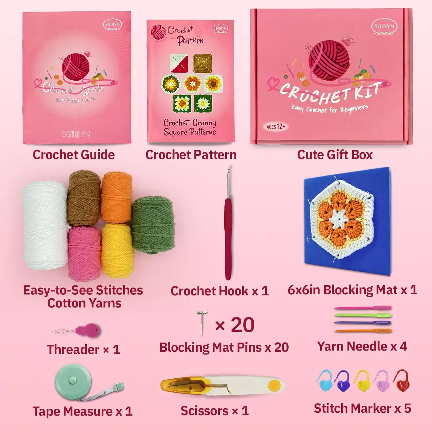 SGIBYN Crochet Kit for Beginners with Step-by-Step Video Tutorials, Granny Squares Beginners Starter Crochet Kit for Women Knitting Kits Learn to Crochet Set (Granny Squares)